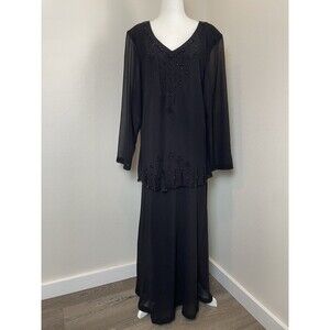 Ultra Dress New York Black Beaded Evening Gown Wedding Party Sheer Flowy-14w